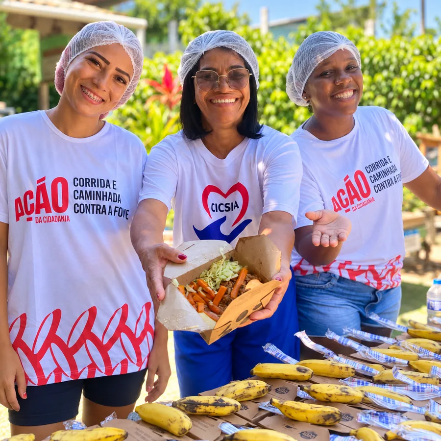 Voluntárias preparando alimentos em ação solidária